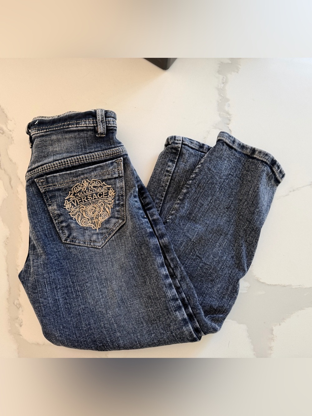 Versace Collection Dark Blue Kids Jeans with Embroidered Pocket